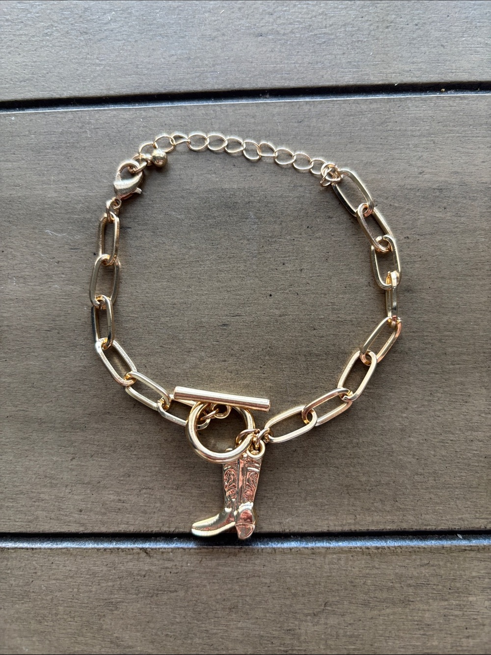 767. Gold-Tone Western Cowboy Boot Charm Bracelet - Adjustable up to Size 8.25